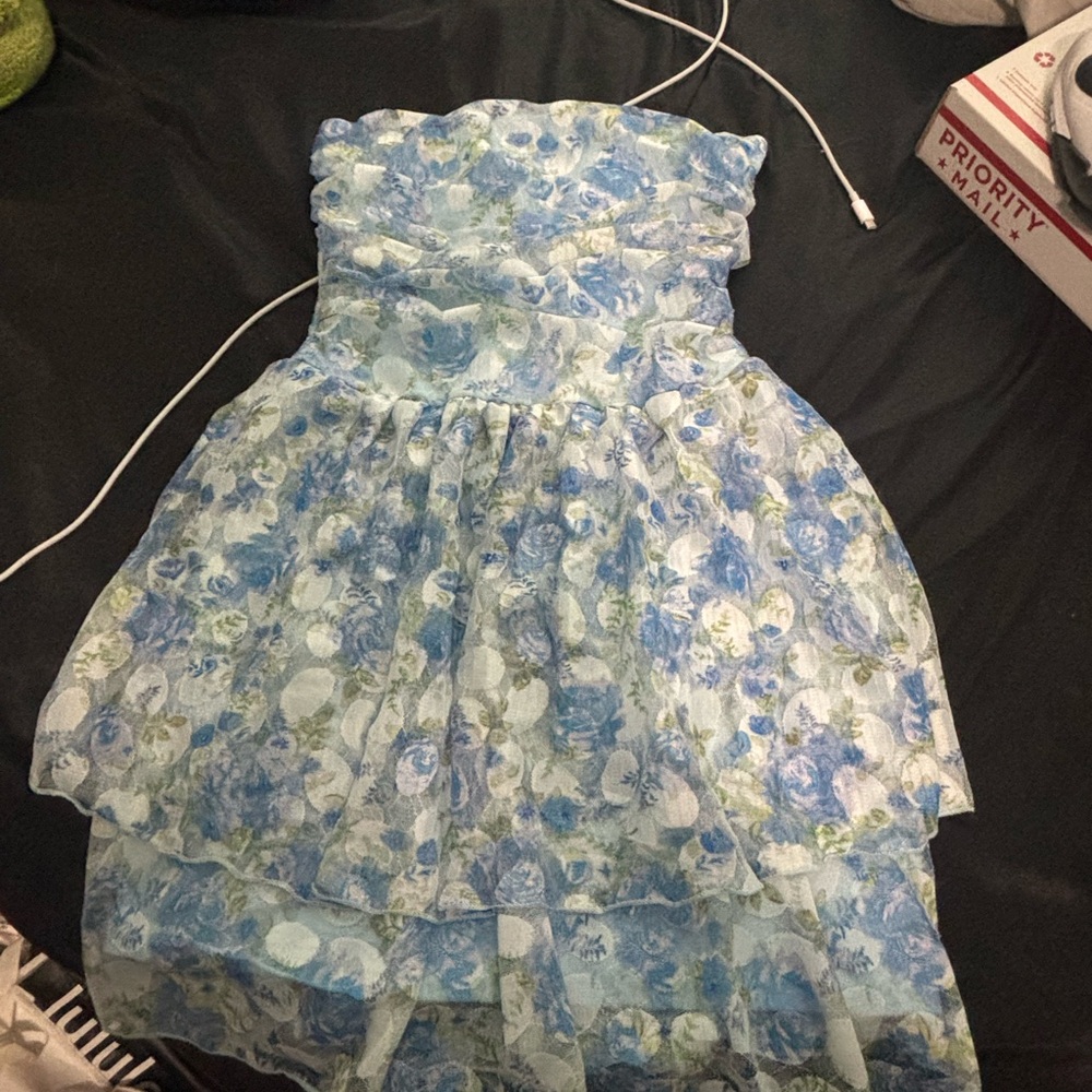 Floral Blue Strapless Dress
